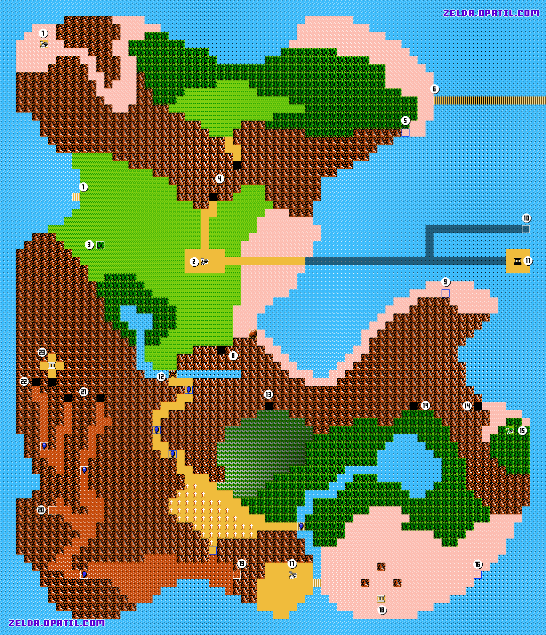 ハイラル東側のワールドマップ（世界地図）：ゼルダの伝説2・リンクの冒険攻略